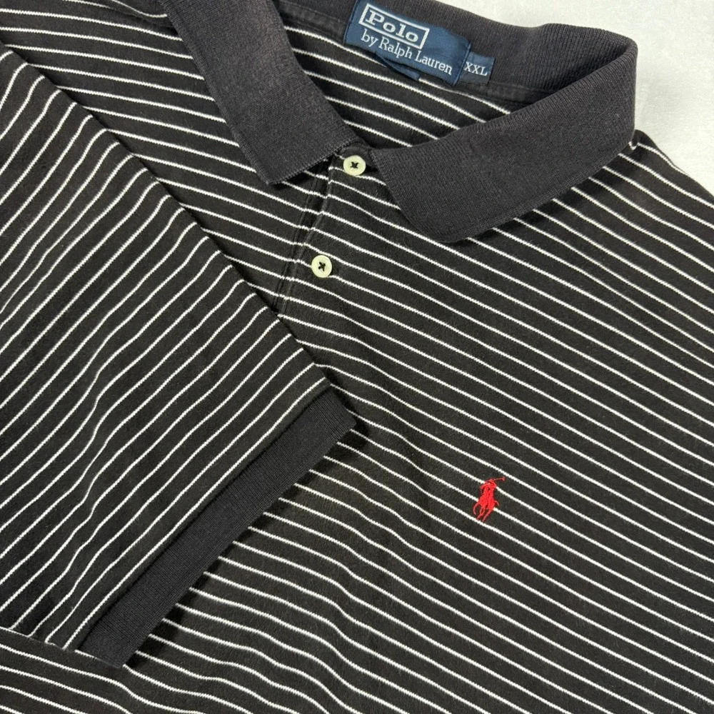 Polo Ralph Lauren Mens XXL Black White Striped Short Sleeve Polo Shirt Vintage